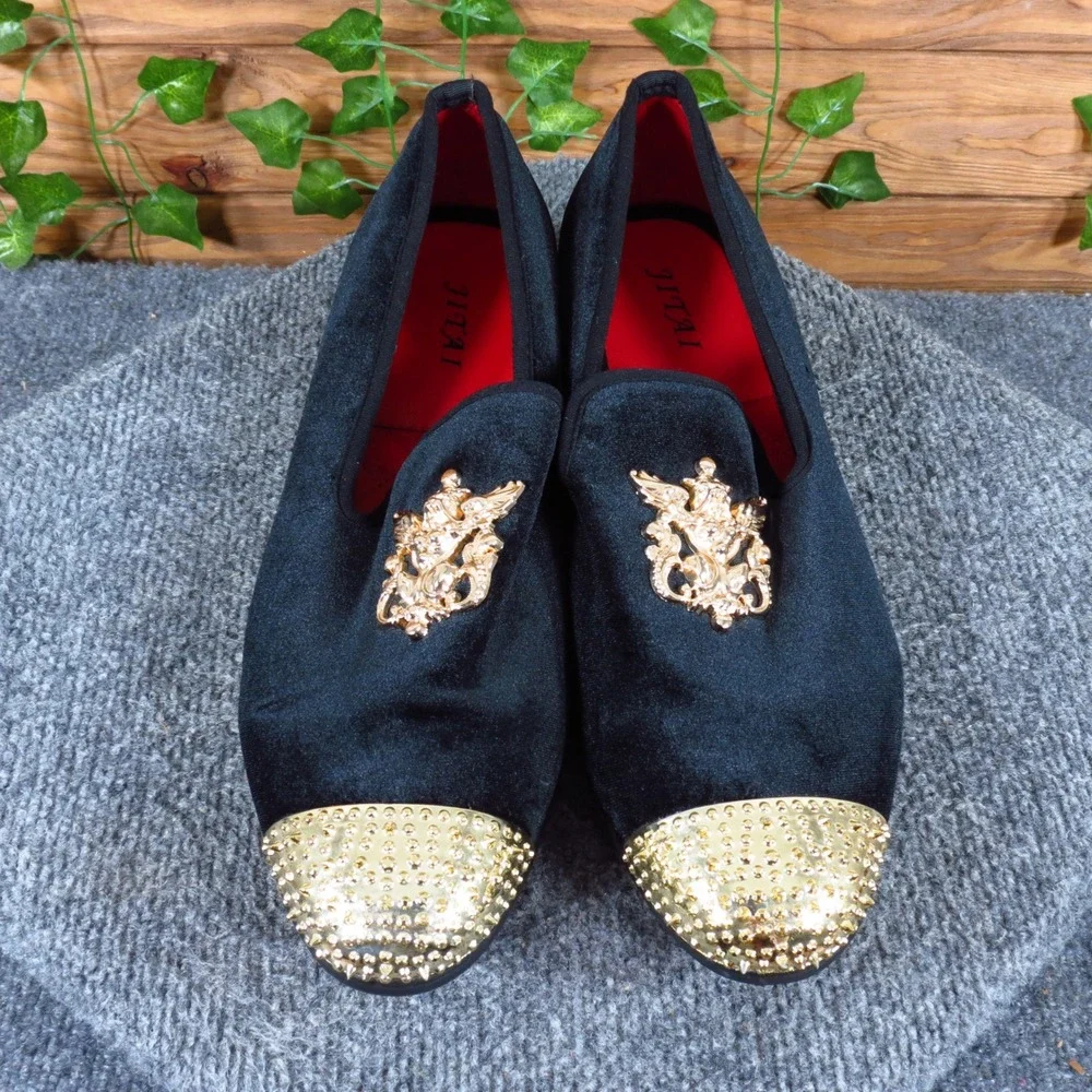 JITAI Velvet Crest Mens Loafers Size 12 Formal Wedding Party Black Gold Spiked